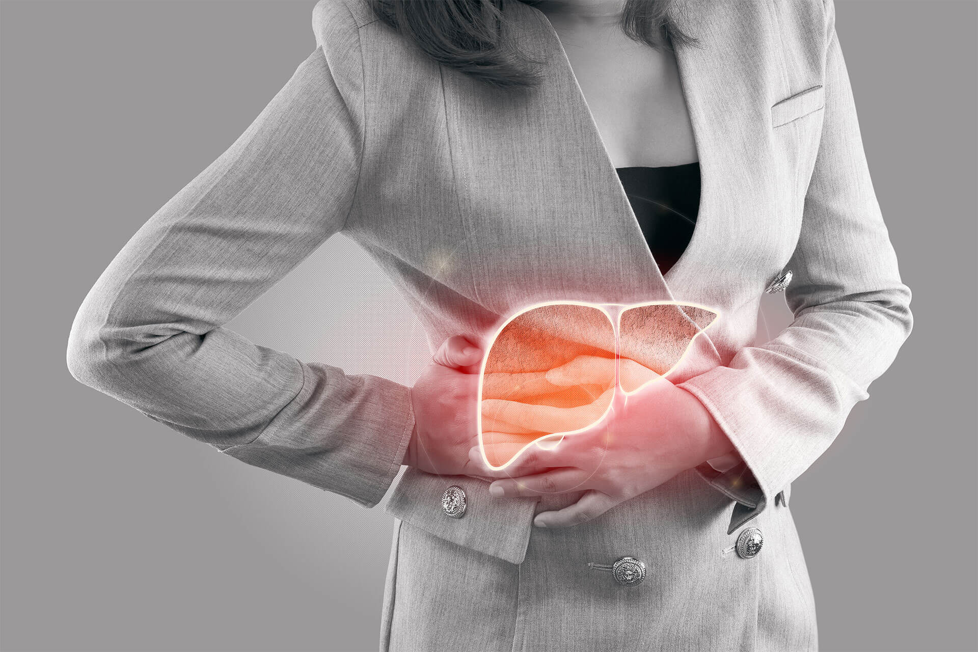 Woman in pain with an outline image of a liver